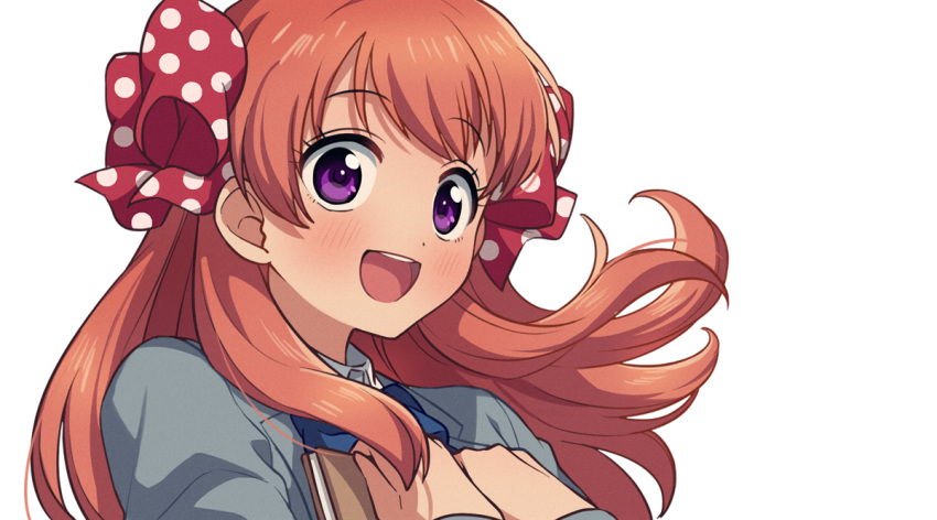 1girl :d bangs blue_bow blush book bow bowtie collared_shirt dot_nose eyebrows_visible_through_hair gekkan_shoujo_nozaki-kun grey_jacket hair_bow happy holding holding_book jacket long_hair looking_at_viewer open_mouth orange_hair polka_dot polka_dot_bow purple_eyes rouman_academy_uniform sakura_chiyo sayshownen school_uniform shirt simple_background smile solo upper_body white_background white_shirt