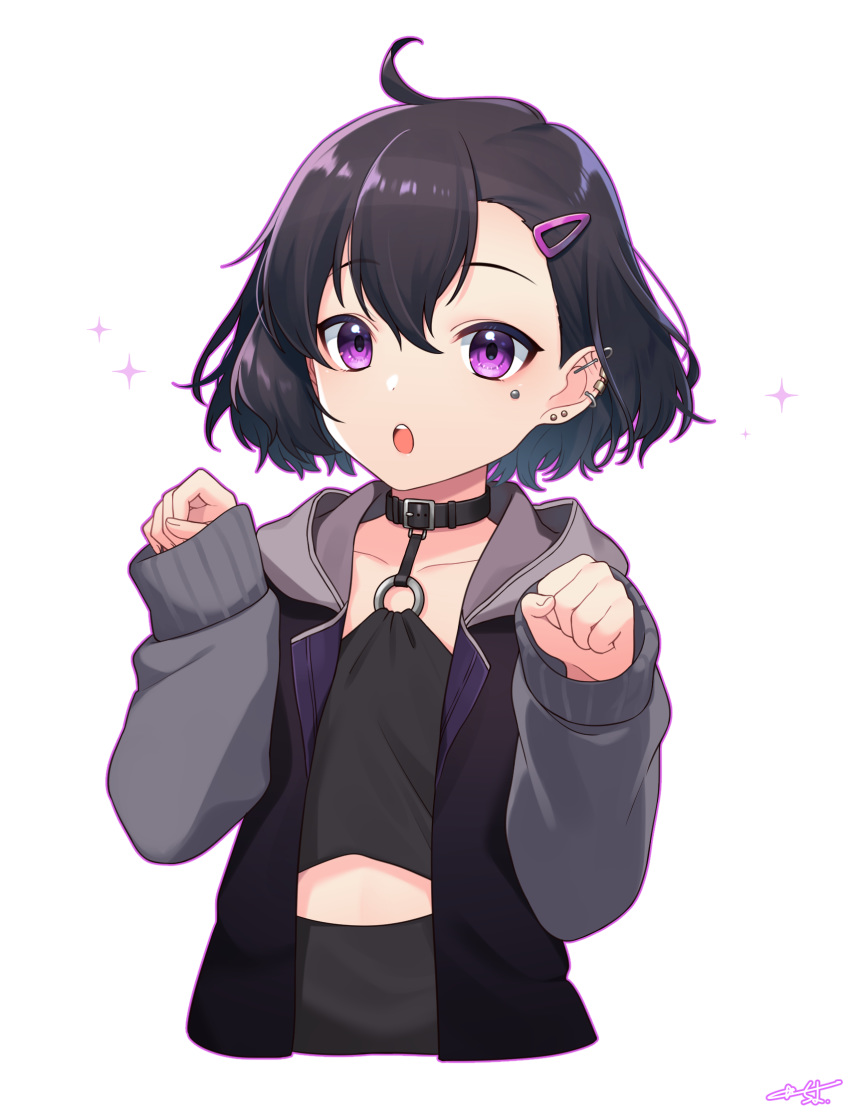 1girl :o ahoge bangs black_collar black_hair black_jacket black_shirt collar collarbone commentary_request copyright_request cropped_torso ear_piercing earrings eyebrows_visible_through_hair hair_between_eyes hair_ornament hairclip hands_up highres jacket jewelry long_sleeves looking_at_viewer o-ring o-ring_top open_clothes open_jacket outline paw_pose piercing purple_eyes purple_outline sakura_chiyo_(konachi000) shirt signature simple_background sleeves_past_wrists solo sparkle stud_earrings upper_body upper_teeth virtual_youtuber white_background