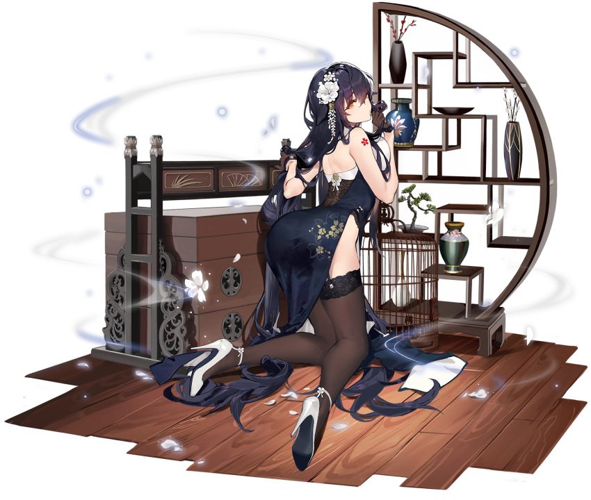 1girl absurdly_long_hair alternate_costume ass azuma_(azur_lane) azuma_(soft_voice_of_spring)_(azur_lane) azur_lane bare_shoulders bent_over birdcage black_dress black_gloves black_hair black_legwear breasts cage chinese_clothes dress eyebrows_visible_through_hair flower garter_belt gloves hair_between_eyes hair_flaps hair_flower hair_ornament half_gloves high_heels highres kishiyo kneeling large_breasts long_hair looking_back official_art orange_eyes sakura_empire_(emblem) side_slit solo tattoo thighhighs transparent_background vase very_long_hair