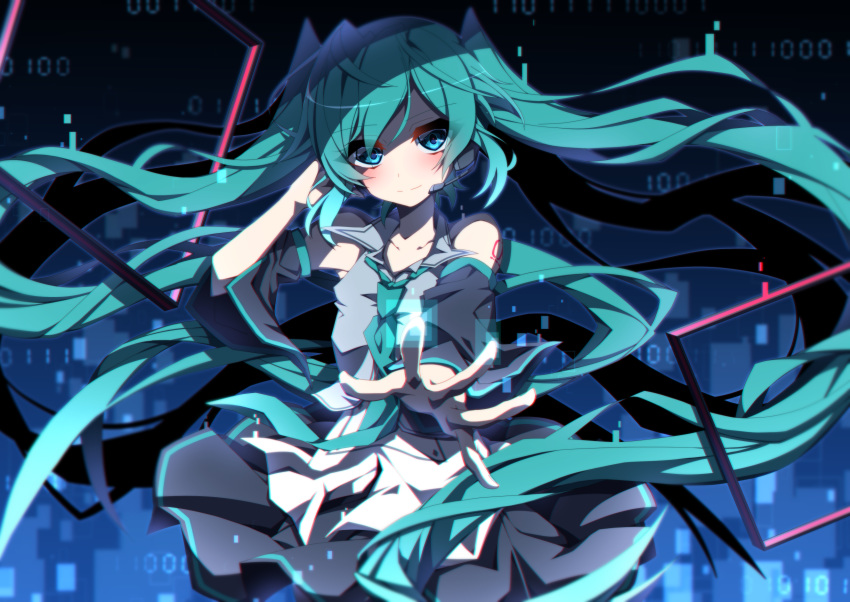 1girl aosaki_yato aqua_hair aqua_neckwear bare_shoulders black_skirt black_sleeves blue_eyes commentary cowboy_shot detached_sleeves digital_dissolve foreshortening grey_shirt hair_ornament hand_on_headphones hatsune_miku headphones headset hibikase_(vocaloid) highres long_hair looking_at_viewer miniskirt necktie outstretched_arm shirt shoulder_tattoo skirt sleeveless sleeveless_shirt smile solo tattoo twintails very_long_hair vocaloid