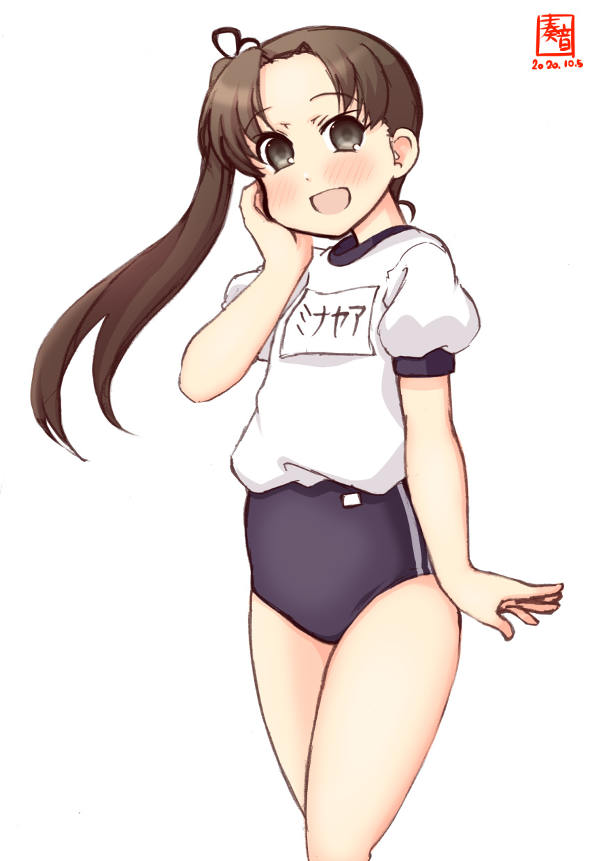 1girl alternate_costume artist_logo ayanami_(kantai_collection) black_buruma blush brown_eyes brown_hair buruma commentary_request cowboy_shot dated gym_uniform hands_on_own_face highres kanon_(kurogane_knights) kantai_collection long_hair looking_at_viewer name_tag side_ponytail simple_background solo white_background