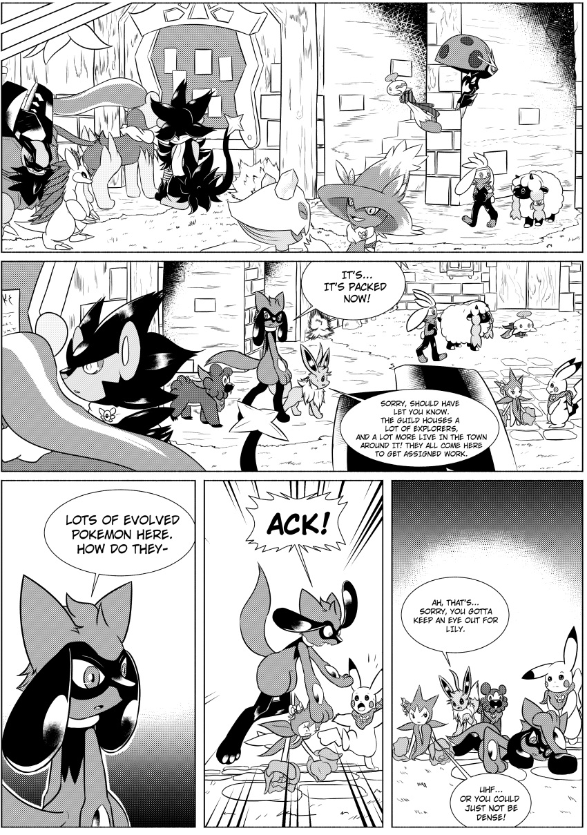 absurd_res alolan_golem ambiguous_gender baby_pok&eacute;mon badge bennett_(clockwork_journeys) bidoof chimecho comic dialogue eevee female froslass greyscale group handkerchief hi_res janette_(clockwork_journeys) kerchief koray_(clockwork_journeys) lily_(clockwork_journeys) luxray male mismagius monochrome nintendo pikachu pok&eacute;mon pok&eacute;mon_(species) pok&eacute;mon_mystery_dungeon pyroar raboot regional_form_(pok&eacute;mon) riolu roselia sandslash speech_bubble text video_games vivian_(clockwork_journeys) xetajts