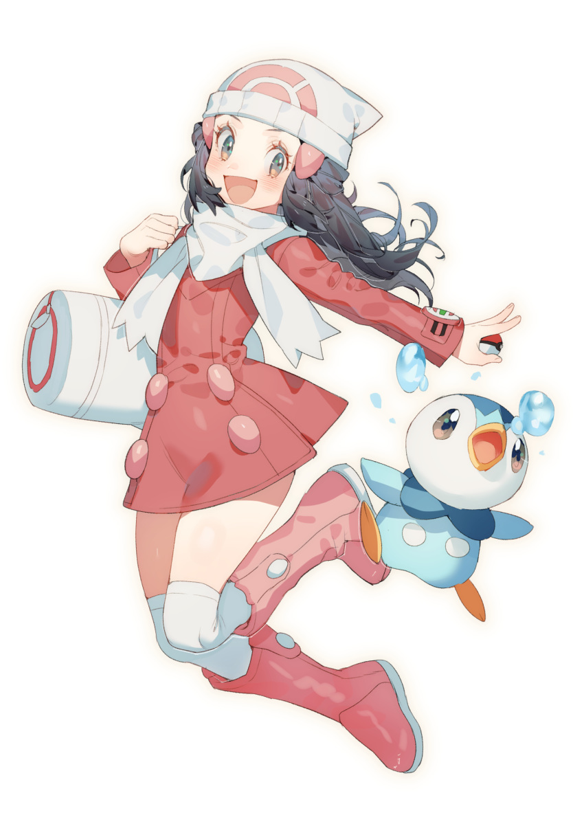 1girl :d bag ball barrette beanie black_hair boots buttons commission dawn_(pokemon) dress duffel_bag english_commentary gen_4_pokemon hair_ornament hat highres holding holding_ball holding_poke_ball kneehighs long_sleeves open_mouth pink_footwear piplup poke_ball poke_ball_(basic) poke_ball_theme pokemon pokemon_(creature) pokemon_(game) pokemon_dppt pokemon_platinum poketch red_dress scarf sidelocks simple_background sleeves_past_wrists smile starter_pokemon watch water white_background white_legwear white_scarf winter_clothes wristwatch zuizi