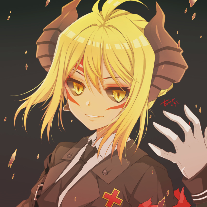 1girl ayamisiro blonde_hair character_request facial_mark gloves glowing glowing_eyes highres horns looking_at_viewer maplestory maplestory_2 necktie short_hair smile uniform yellow_eyes