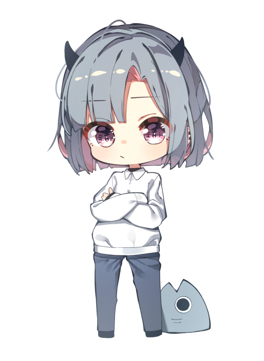 1girl bangs blue_hair blue_pants chibi clip_studio_paint_(medium) closed_mouth collared_shirt crossed_arms eyebrows_visible_through_hair fish_head full_body highres horns multicolored_hair original pants parted_bangs pink_hair red_eyes se.a shirt short_hair simple_background solo standing two-tone_hair white_background white_shirt