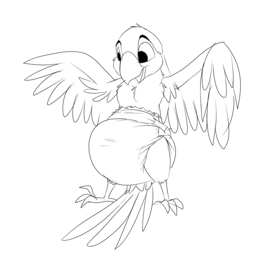 avian beak bird black_and_white colorless cute_expression cute_eyes cute_face diaper feathers line_art male monochrome parrot pidgopidgey_(artist) smile solo tail_feathers toony wings