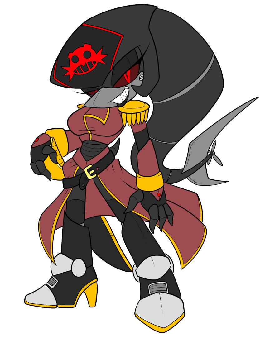 2020 absurd_res admiral alpha_channel anthro belt black_lips boots boss chaoscroc clothed clothing eggman_empire female fish footwear grey_body hi_res jacket lips machine marine melee_weapon military military_uniform robot shark simple_background smile solo sonic_the_hedgehog_(series) standing sword topwear uniform vittoria_derecho_(vladimirpootis) weapon