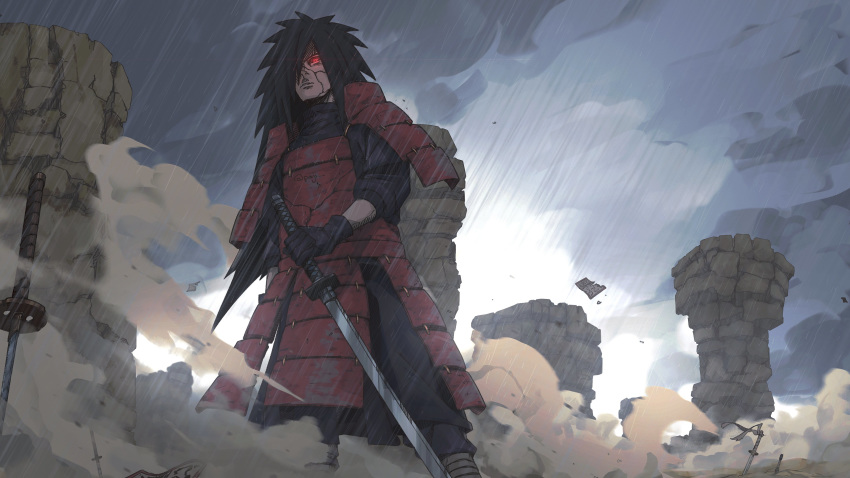 1boy absurdres armor artpaji black_gloves black_hair cliff debris gloves glowing glowing_eyes highres holding holding_sword holding_weapon japanese_armor long_hair looking_at_viewer looking_down naruto_(series) naruto_shippuuden outdoors rain smoke solo spiked_hair standing sword twitter_username uchiha_madara weapon
