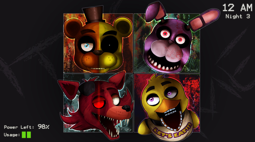 2014 animatronic avian beak bird black_sclera blood bodily_fluids bonnie_(fnaf) brown_body canid canine cheek_tuft chica_(fnaf) chicken clothing english_text eye_patch eyebrows eyewear facial_tuft feathers five_nights_at_freddy's fox foxy_(fnaf) freckles freddy_(fnaf) galliform gallus_(genus) glowing glowing_eyes golden_freddy_(fnaf) hat headgear headwear hi_res lagomorph leporid machine mammal open_mouth phasianid purple_body purple_eyes rabbit red_body red_eyes robot sharp_teeth teeth text thenornonthego tuft ursid video_games yellow_body yellow_feathers