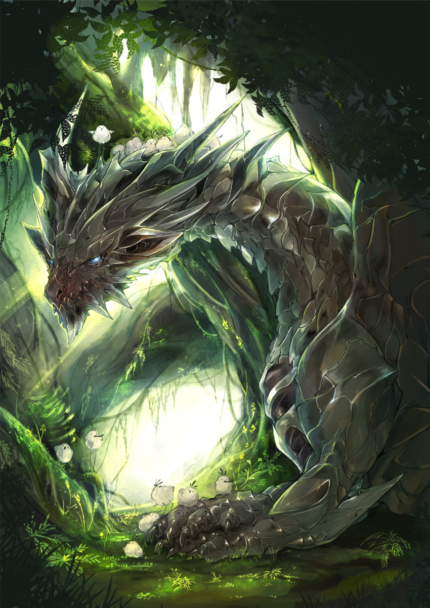 absurd_res ambiguous_gender avian blue_eyes capcom chin_spikes claws detailed_background downy_crake elder_dragon facial_spikes feathers feral forest grey_body grey_scales group hi_res horn ktgr_de kushala_daora long_legs monster_hunter plant scales sitting_on_head sitting_on_leg spikes spikes_(anatomy) tree video_games white_body white_feathers wings