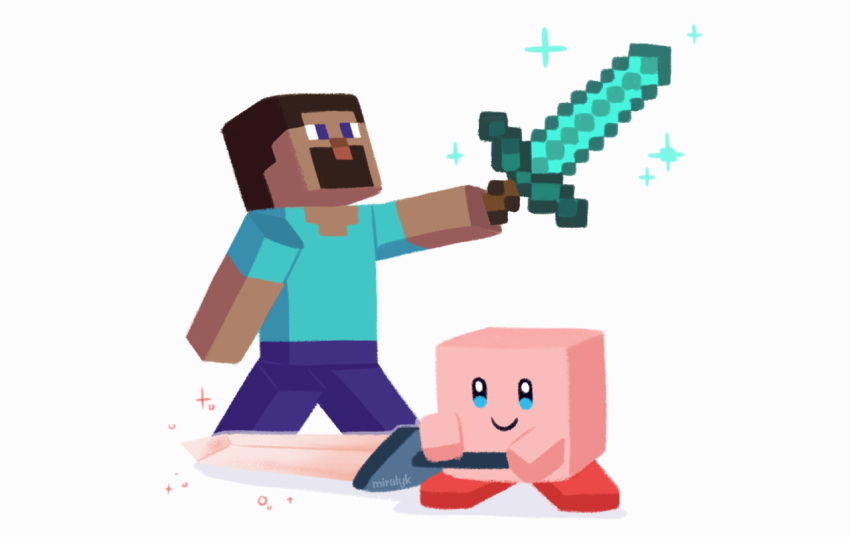 2020 alien ambiguous_gender beard black_eyes blue_eyes bottomwear brown_beard brown_body brown_hair brown_skin clothed clothing crossover diamond_(disambiguation) diamond_sword duo envelope facial_hair hair human kirby kirby_(series) male mammal melee_weapon minecraft miralyk nintendo not_furry nude pants pink_body pink_hands pink_skin pupils raised_arm red_feet shadow shirt short_hair simple_background size_difference smile sparkles square square_pupils standing steve_(minecraft) super_smash_bros. super_smash_bros._ultimate sword topwear video_games waddling_head weapon white_background
