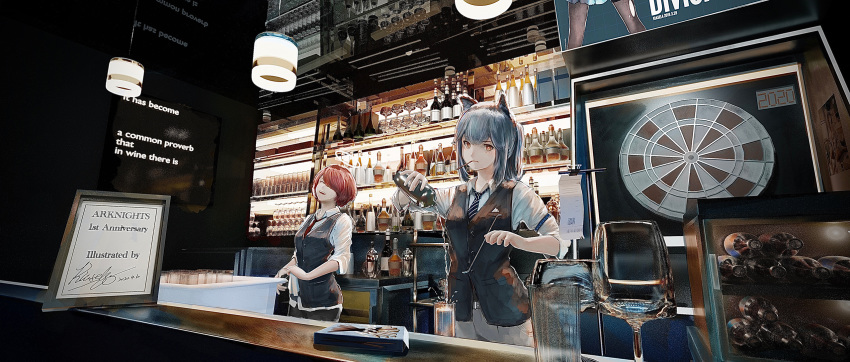 2girls animal_ears anniversary arknights artist_name bartender beer_tap black_neckwear black_vest bottle closed_eyes cocktail_shaker copyright_name dartboard dated exusiai_(arknights) grey_hair hair_over_one_eye halo highres indoors kiasela mouth_hold multiple_girls necktie penguin_logistics_(arknights) pouring red_neckwear sign spoon texas_(arknights) vest wine_bottle