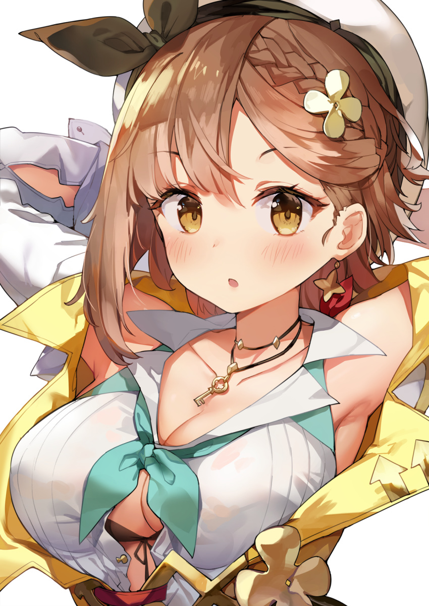 1girl :o armpits arms_behind_head arms_up atelier_(series) atelier_ryza bangs beret black_bra blush bra braid breasts brown_hair cleavage collarbone earrings eyebrows_visible_through_hair hat highres jacket jehyun jewelry key large_breasts long_sleeves looking_at_viewer necklace open_clothes open_jacket open_mouth open_shirt reisalin_stout see-through shirt short_hair solo unbuttoned unbuttoned_shirt underwear upper_body white_headwear white_shirt yellow_eyes yellow_jacket