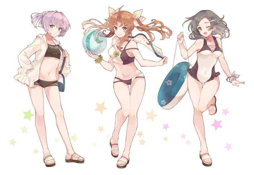 3girls bag ball bare_legs beachball bikini bikini_shorts black_bikini black_hair blue_eyes blush breasts brown_hair closed_mouth collarbone full_body green_scrunchie groin hair_between_eyes hair_ornament hair_ribbon holding holding_ball holding_beachball innertube jacket kagerou_(kantai_collection) kantai_collection kuroshio_(kantai_collection) long_hair long_sleeves looking_at_viewer multicolored multicolored_bikini multicolored_clothes multiple_girls navel one-piece_swimsuit one_eye_closed open_clothes open_jacket open_mouth pink_hair ponytail purple_eyes remodel_(kantai_collection) ribbon sandals scrunchie shakemi_(sake_mgmgmg) shiranui_(kantai_collection) short_hair shorts shoulder_bag simple_background small_breasts smile standing standing_on_one_leg star_(symbol) swimsuit swimsuit_under_clothes tankini thigh_gap toes twintails white_background white_jacket white_ribbon wrist_scrunchie yellow_eyes