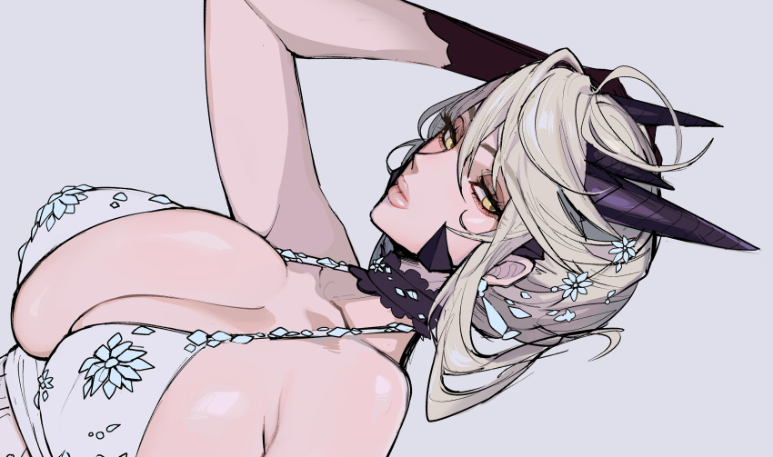 1girl adjusting_hair artoria_pendragon_(all) artoria_pendragon_(lancer_alter) black_gloves black_horns breasts cleavage ennuigrl fate/grand_order fate_(series) gloves highres horns large_breasts lingerie nightgown platinum_blonde_hair royal_icing tied_hair underwear white_background work_in_progress yellow_eyes