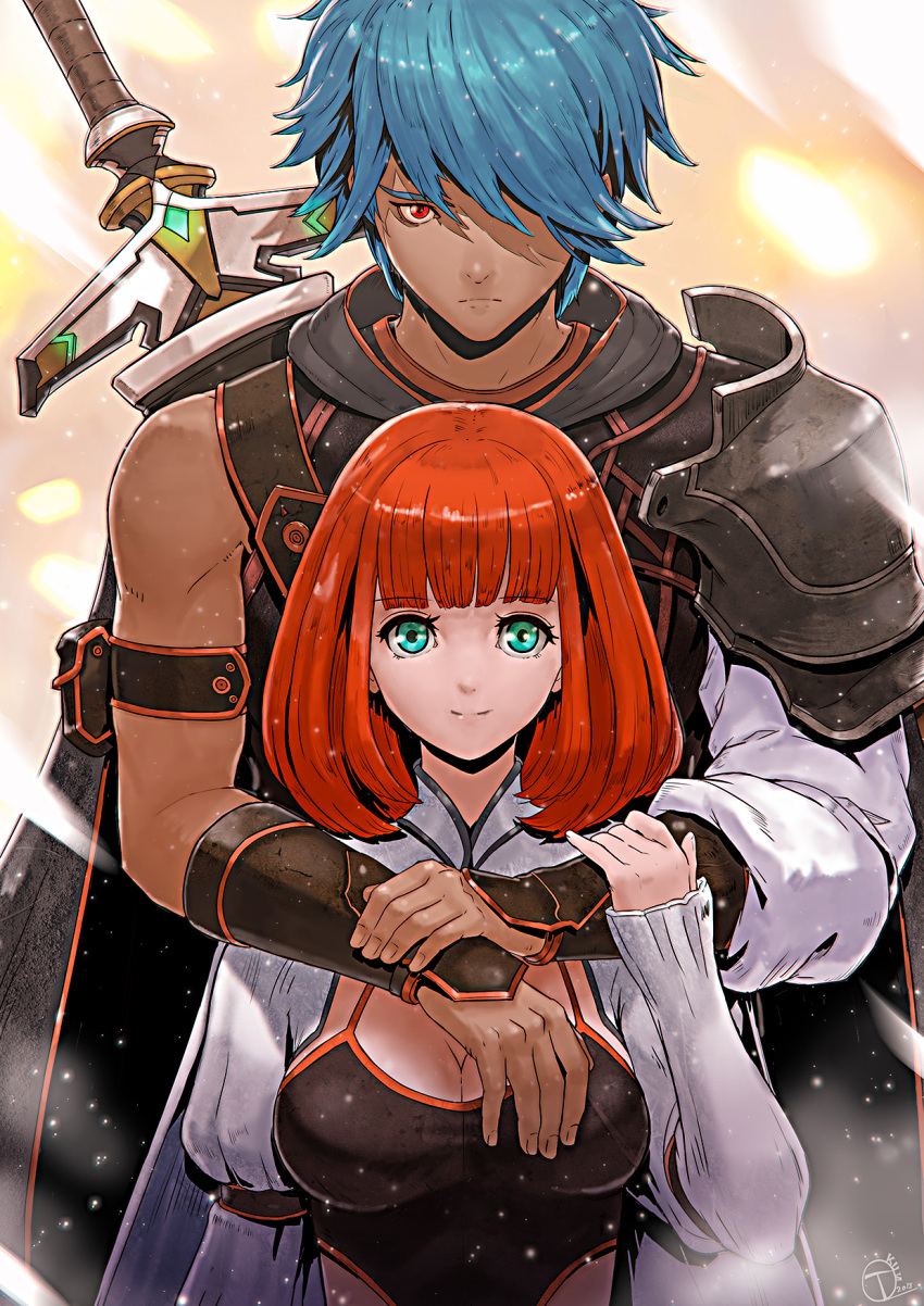1boy 1girl armor bangs bare_shoulders black_capelet blue_hair blunt_bangs breasts capelet cleavage closed_mouth dark_skin dark_skinned_male dated eyebrows_visible_through_hair fingernails green_eyes hair_over_one_eye highres hood hood_down hug hug_from_behind light_particles light_rays looking_at_viewer okuto orange_hair original pauldrons puffy_sleeves red_eyes scabbard sheath sheathed short_hair shoulder_armor signature single_pauldron smile sword upper_body vambraces weapon weapon_on_back