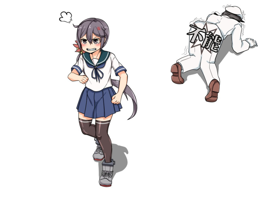 1boy 1girl admiral_(kantai_collection) akebono_(kantai_collection) all_fours anger_vein angry bell black_legwear blue_skirt clenched_teeth commentary flower full_body hair_bell hair_flower hair_ornament jingle_bell kantai_collection long_hair military military_uniform naval_uniform pleated_skirt purple_eyes purple_hair remodel_(kantai_collection) school_uniform serafuku short_sleeves side_ponytail simple_background skirt takasugi_heppu teeth thighhighs translation_request uniform very_long_hair white_background