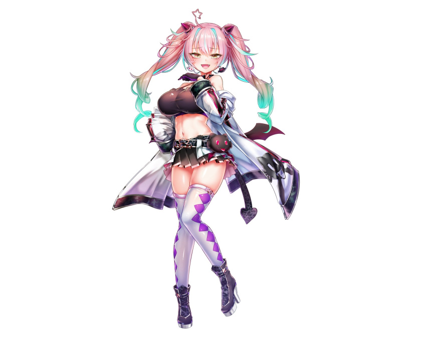 1girl :d ahoge aqua_hair bare_shoulders belt boots breasts buckle coat crop_top demon_wings doyouwantto facial_mark fang full_body gloves gradient_hair hand_on_hip headset high_heel_boots high_heels highres horns indie_virtual_youtuber kiara_amemura large_breasts long_hair long_sleeves low_wings midriff miniskirt multicolored_hair multiple_belts navel off_shoulder official_art open_clothes open_coat open_mouth pink_hair pleated_skirt skirt slit_pupils smile solo star_(symbol) star_ahoge stomach streaked_hair thighhighs thighs twintails wings yellow_eyes