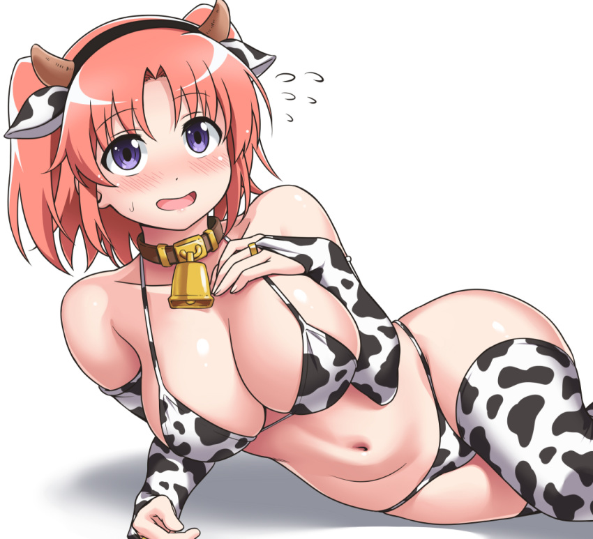 1girl animal_ears animal_print bangs bell bell_collar bikini blush breasts bridal_gauntlets collar cow_ears cow_horns cow_print eyebrows_visible_through_hair fake_animal_ears fake_horns hand_on_own_chest horns large_breasts looking_at_viewer lying mikakunin_de_shinkoukei navel on_side open_mouth purple_eyes short_hair simple_background solo swimsuit thighhighs twintails white_background yonomori_kobeni youkan