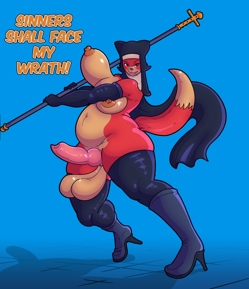animal_genitalia animal_penis anthro balls belly big_balls big_breasts big_penis blue_background boots breasts canid canine canine_penis clothed clothing crifox crisis-omega cross english_text footwear fox fur genitals gloves gynomorph handwear headgear headwear hi_res huge_balls huge_breasts intersex knot legwear mammal mostly_nude navel nipples nun overweight overweight_anthro overweight_gynomorph overweight_intersex penis red_body red_fur saggy_balls simple_background solo staff tailwag text thick_thighs thigh_highs weapon