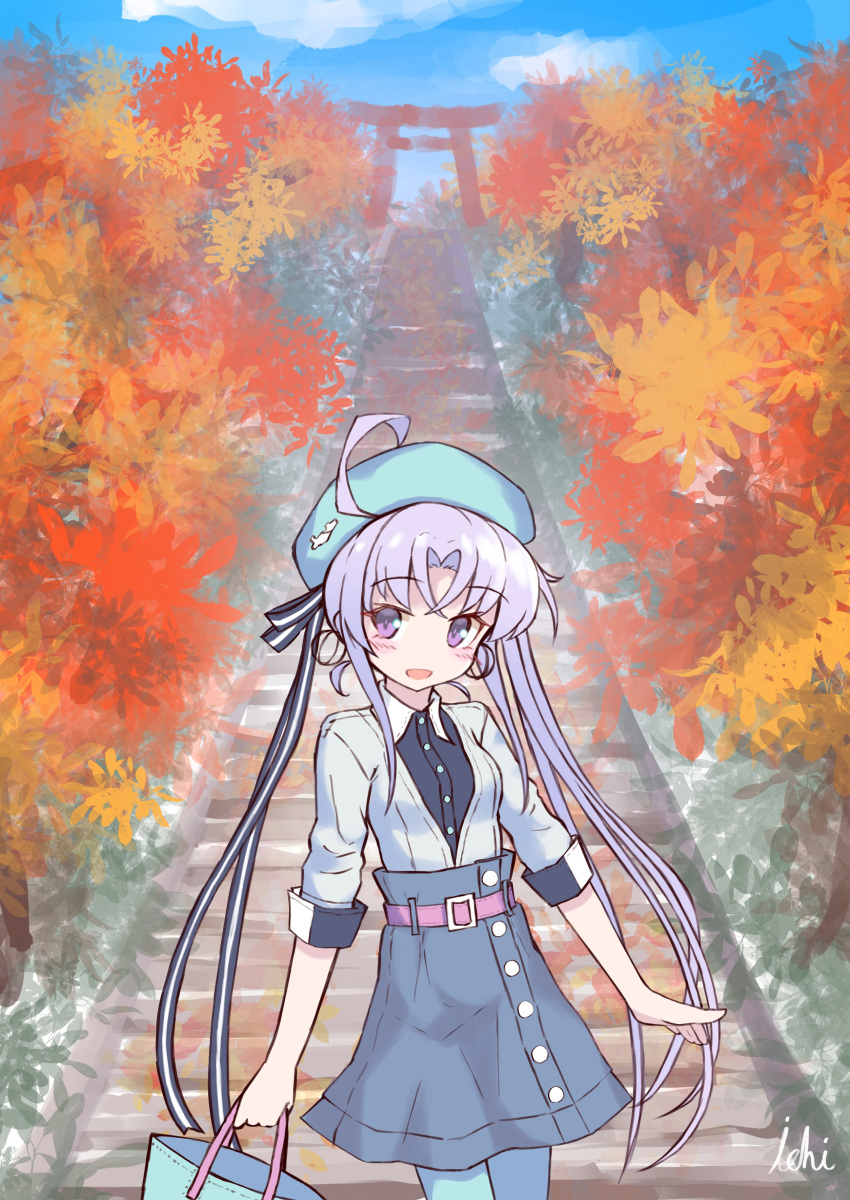 1girl :d absurdres ahoge akitsushima_(kantai_collection) alternate_costume autumn autumn_leaves bag bangs beret black_shirt blue_headwear blue_legwear blue_skirt blush breasts collared_shirt commentary_request day denim denim_skirt dress_shirt eyebrows_visible_through_hair hat high-waist_skirt highres holding holding_bag ichi kantai_collection long_hair looking_at_viewer open_mouth outdoors pantyhose parted_bangs purple_eyes purple_hair shirt short_sleeves side_ponytail skirt small_breasts smile solo stairs stone_stairs torii very_long_hair white_shirt