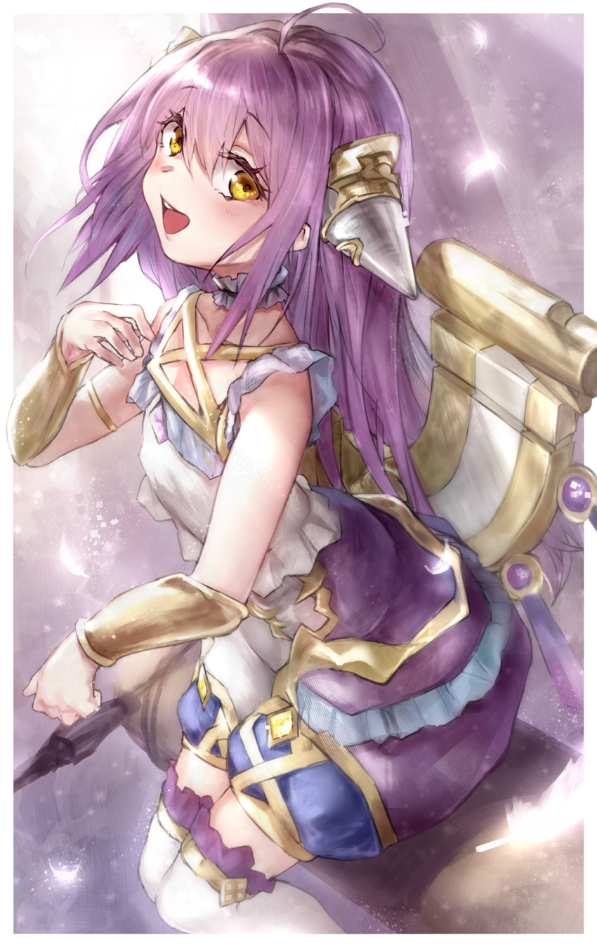 1girl aenea_amethyst_rebel ahoge bangs blush eyebrows_visible_through_hair hair_between_eyes headpiece highres long_hair open_mouth puffy_shorts purple_hair shadowverse shorts sitting sleeveless solo ta938_ka23 thighhighs white_legwear yellow_eyes