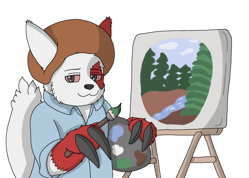 absurd_res afro alpha_channel black_eyes bob_ross brush canvas claws clothing darknetic feral fur hi_res male nintendo painting pok&eacute;mon pok&eacute;mon_(species) red_body red_fur red_sclera shirt solo topwear video_games white_body white_fur wood zangoose zangtober_2020