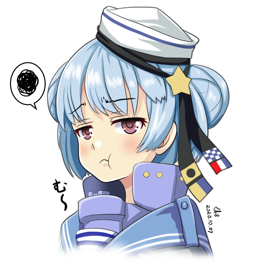 1girl :t artist_name blue_hair blue_sailor_collar blush brown_eyes dated dixie_cup_hat double_bun eyebrows_visible_through_hair hat highres kantai_collection military_hat portrait pout sailor_collar samuel_b._roberts_(kantai_collection) school_uniform serafuku short_hair signature simple_background solo tk8d32 white_background white_headwear