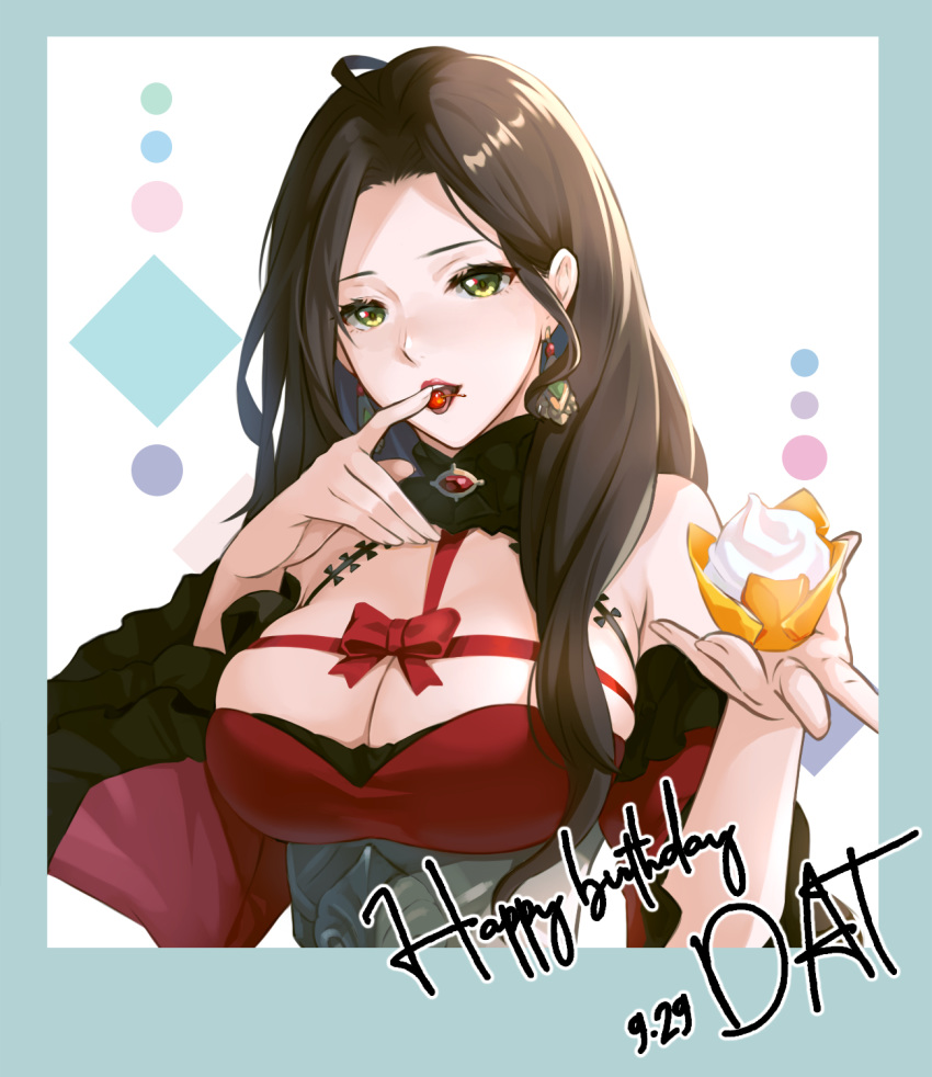 1girl breasts brown_hair cherry cleavage da-cart dated dorothea_arnault dress earrings eating fire_emblem fire_emblem:_three_houses food fruit green_eyes happy_birthday highres holding jewelry long_hair long_sleeves open_mouth solo upper_body