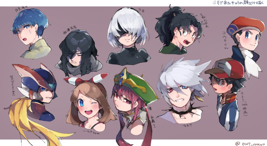 aizawa_shouta ash_ketchum bangs baseball_cap black_hair blindfold blonde_hair blue_eyes blue_hair blush boku_no_hero_academia bow_hairband brown_eyes brown_hair character_name character_request commentary_request copyright_request earrings facial_hair hair_over_one_eye hairband hat helmet heterochromia highres jewelry long_hair looking_back lucas_(pokemon) may_(pokemon) nier_(series) nier_automata one_eye_closed open_mouth pokemon pokemon_(anime) pokemon_(game) pokemon_dppt pokemon_m20 pokemon_oras pokemon_platinum red_hairband red_headwear short_hair smile sweat teeth tixiti_mayo tongue white_hair yorha_no._2_type_b