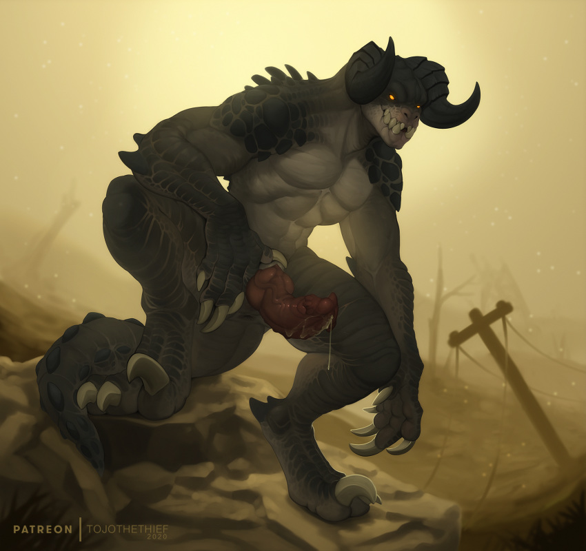 abs amber_eyes animal_genitalia animal_penis anthro anus bethesda_softworks bodily_fluids conditional_dnp deathclaw detailed_background fallout genital_fluids genitals glowing glowing_eyes hi_res horn knot looking_at_viewer male muscular muscular_anthro muscular_male penis precum precum_string scales scalie solo standing talons tojo_the_thief video_games