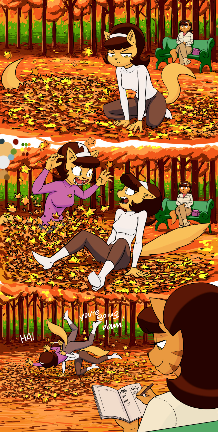 2020 absurd_res anthro autumn bench boots clothing colored daughter domestic_cat felid feline felis female fight footwear forest group hi_res katty_katswell kitty_katswell leaf_pile mammal mother mother_and_child mother_and_daughter mrs._katswell nickelodeon parent parent_and_child redout sibling sister sisters sitting t.u.f.f._puppy tree