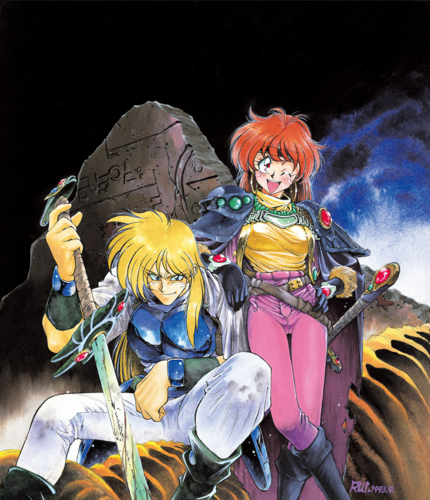 1990s_(style) 1993 1boy 1girl araizumi_rui armor bead_necklace beads belt blonde_hair blue_eyes boots breastplate dated earrings fraud gourry_gabriev hand_on_another's_shoulder highres holding holding_sword holding_weapon hoop_earrings jewelry lina_inverse long_hair necklace official_art one_eye_closed open_mouth pauldrons red_eyes red_hair shirt_tucked_in shoulder_armor sitting slayers smile standing sword traditional_media watercolor_(medium) weapon