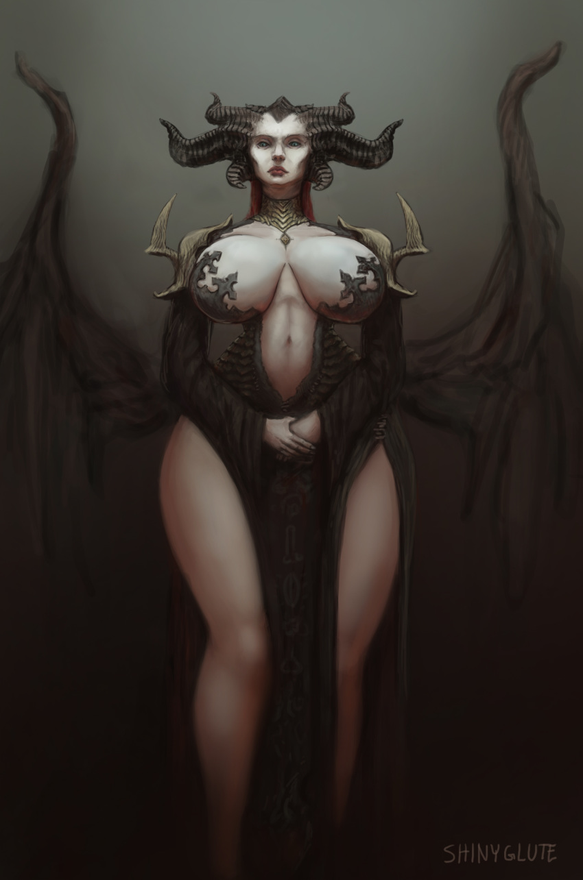 2019 big_breasts black_horn blizzard_entertainment blue_eyes breasts breasts_apart clasped_hands clothing demon diablo digital_media_(artwork) female front_view hi_res horn humanoid light_skin lilith_(diablo) navel not_furry portrait shinyglute simple_background small_waist solo standing three-quarter_portrait video_games wide_hips wings