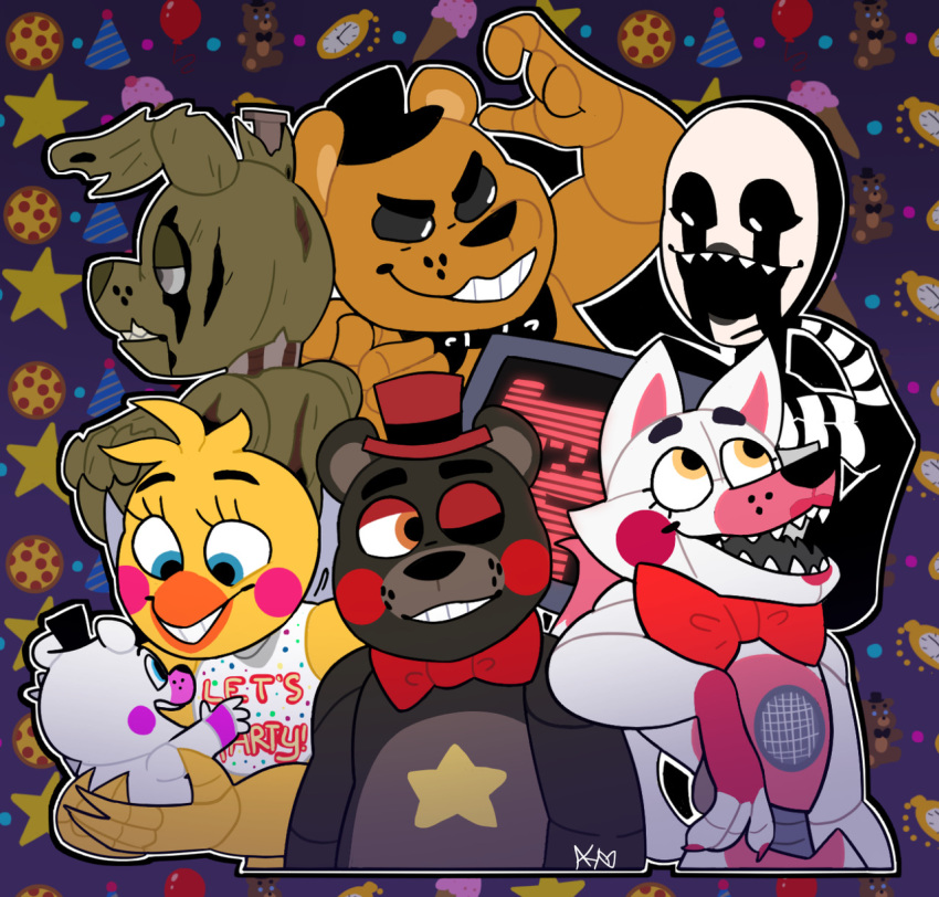 animatronic avian beak bib bird black_body black_nose black_sclera blue_eyes canid canine carrying chicken claws clothing crossed_arms eyebrows eyelashes feathers female fingers five_nights_at_freddy's five_nights_at_freddy's_2 five_nights_at_freddy's_3 five_nights_at_freddy's_4 fox freckles freddy_fazbear's_pizzeria_simulator funtime_foxy_(fnafsl) galliform gallus_(genus) golden_freddy_(fnaf) green_body grey_eyes group half-closed_eyes happy hat headgear headwear helpy_(fnaf) hi_res humanoid lagomorph lefty_(fnaf) leporid lipstick looking_down looking_up machine makeup male mammal markings mask narrowed_eyes nightmarionne_(fnaf) open_mouth orange_eyes phasianid pink_cheeks pink_claws purple_body rabbit red_cheeks ribbons robot sharp_teeth signature sister_location size_difference smile snazzamazing speaker springtrap_(fnaf) star teeth toy_chica_(fnaf) undead ursid video_games white_body white_eyes yellow_body yellow_eyes yellow_feathers