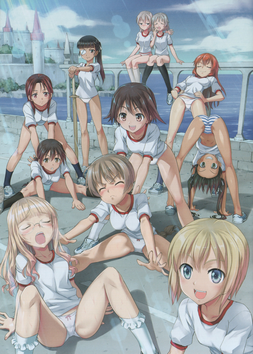 6+girls artist_request ass black_hair black_legwear blonde_hair blue_eyes blue_stripes blush breasts brown_eyes brown_hair castle charlotte_e_yeager closed_eyes closed_mouth eila_ilmatar_juutilainen erica_hartmann exercise eyepatch francesca_lucchini gertrud_barkhorn glasses green_eyes green_hair grin gym_shirt highres kneehighs large_breasts light_rays lynette_bishop minna-dietlinde_wilcke miyafuji_yoshika multiple_girls ocean open_mouth outdoors panties parted_lips perrine_h_clostermann ponytail red_eyes red_hair sakamoto_mio sanya_v_litvyak shiny shiny_hair shirt short_hair sky small_breasts smile source_request spread_legs strike_witches striped striped_panties sunbeam sunlight twintails underwear white_hair white_legwear white_panties white_shirt world_witches_series yawning yuri
