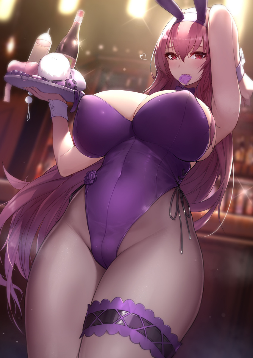 1girl animal_ears bangs bare_shoulders blush bottle breasts bunny_ears cleavage closed_mouth condom_wrapper detached_collar fake_animal_ears fate/grand_order fate_(series) hair_between_eyes highleg highleg_leotard highres large_breasts leotard long_hair looking_at_viewer lotion_bottle mouth_hold pantyhose phil piercing_bunny playboy_bunny purple_hair purple_leotard red_eyes scathach_(fate)_(all) scathach_(fate/grand_order) thighs tray wine_bottle wrist_cuffs
