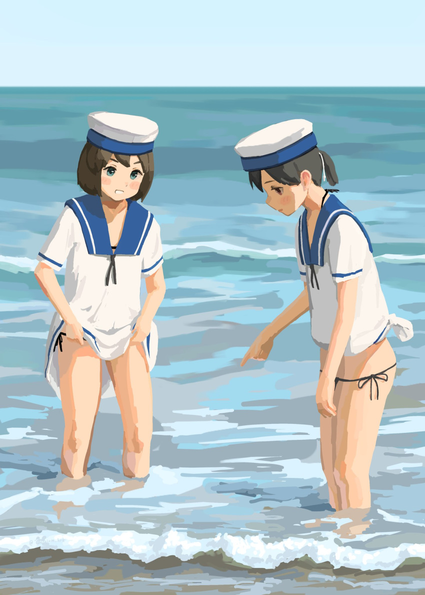 2girls bangs black_hair black_panties blush brown_hair daitou_(kantai_collection) day dress hat hiburi_(kantai_collection) highres kantai_collection multiple_girls ocean outdoors panties partially_submerged ponytail sailor_collar sailor_dress sailor_hat short_hair short_ponytail short_sleeves side-tie_panties sky tied_dress titanium_hrk underwear water white_dress white_headwear