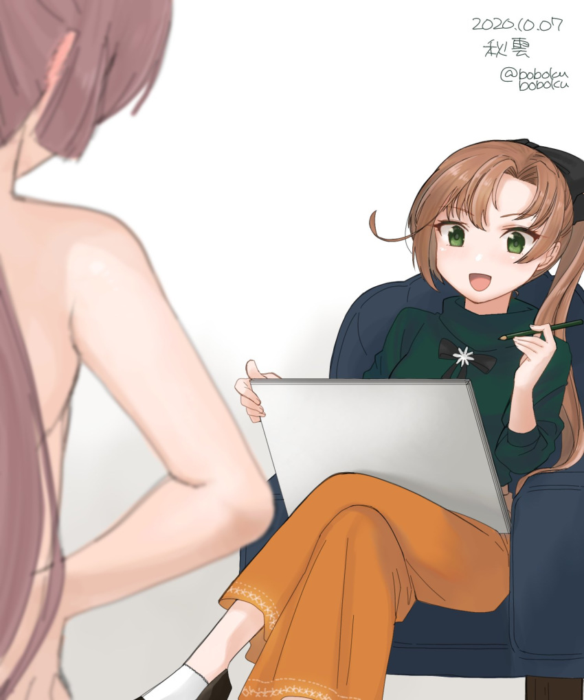 2girls akigumo_(kantai_collection) blurry bobokuboboku brown_hair character_name commentary_request couch crossed_legs dated depth_of_field gradient gradient_background green_eyes green_sweater highres kantai_collection kazagumo_(kantai_collection) long_hair long_skirt multiple_girls nude orange_skirt pencil ponytail sitting sketchpad skirt solo_focus sweater twitter_username white_background