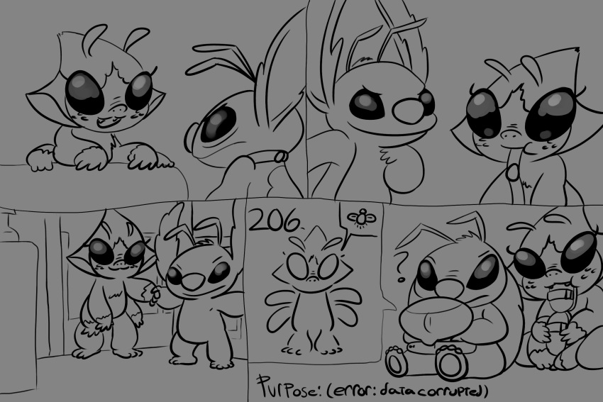 2020 alien alternate_species angry antennae_(anatomy) anthro artbro chest_tuft clothing collar comic computer confusion countershading cute_fangs disney duo ears_down eating english_text evil_grin experiment_(lilo_and_stitch) eyebrows eyelashes feet female fingers footwear glistening glistening_eyes grey_background greyscale hand_holding happy head_tuft hi_res holding_object humanoid kneeling laptop leroy_(lilo_and_stitch) lilo_and_stitch maggie_pesky male monochrome muscular_arms open_mouth open_smile pivoted_ears sandals sequence simple_background sketch smile text the_buzz_on_maggie tuft