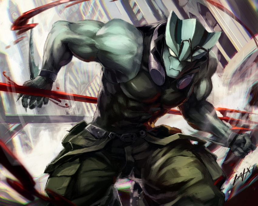 abs animal_humanoid antennae_(anatomy) athletic athletic_male biceps blood blood_blockade_battlefront blue_body blue_skin bodily_fluids bottomwear city clothed clothing dai-xt. fin humanoid male marine marine_humanoid melee_weapon membrane_(anatomy) muscular muscular_male pants pecs polearm skinsuit solo tight_clothing triceps trident weapon webbed_hands zed_o'brien