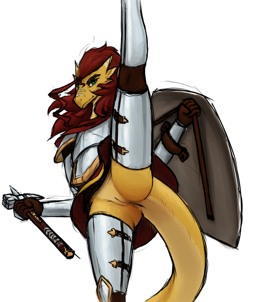 anearbyanimal anthro anus armor bottomwear clothing dragonborn female genitals green_eyes hair hammer hi_res high_kick kick meme pauldron phyfyrie_kiln pussy red_hair shield skirt solo thick_tail tools upskirt warhammer weapon