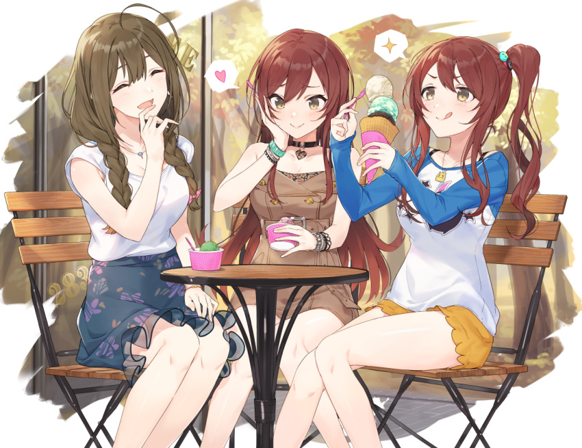 3girls :d :q ahoge alstroemeria_(idolmaster) bangs bare_legs bare_shoulders black_skirt blush braid breasts brown_dress brown_eyes brown_hair chair cleavage closed_eyes closed_mouth collarbone commentary_request dress eating feet_out_of_frame food hair_ornament hair_over_shoulder hand_on_own_cheek hand_on_own_leg hand_up hands_up hayashi_kewi heart holding ice_cream ice_cream_cone idolmaster idolmaster_shiny_colors jewelry knees_together_feet_apart kuwayama_chiyuki large_breasts long_hair long_sleeves looking_down multiple_girls necklace oosaki_amana oosaki_tenka open_mouth orange_skirt outdoors print_shirt print_skirt raglan_sleeves red_hair shirt siblings sisters sitting skirt sleeveless sleeveless_dress smile sparkle spoken_heart spoon table tongue tongue_out twin_braids twins white_shirt wooden_chair wooden_table