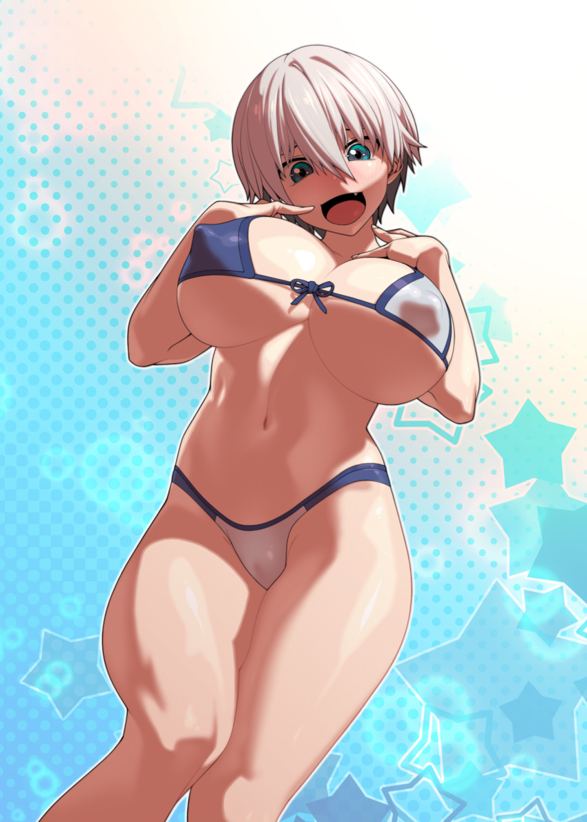 1girl bikini blue_background blue_eyes blush breasts commentary covered_nipples english_commentary fang front-tie_bikini front-tie_top gradient gradient_background grey_hair hair_between_eyes highres huge_breasts looking_at_viewer navel open_mouth short_hair solo standing swimsuit thighs tomoyuki_kotani underboob uzaki-chan_wa_asobitai! uzaki_hana