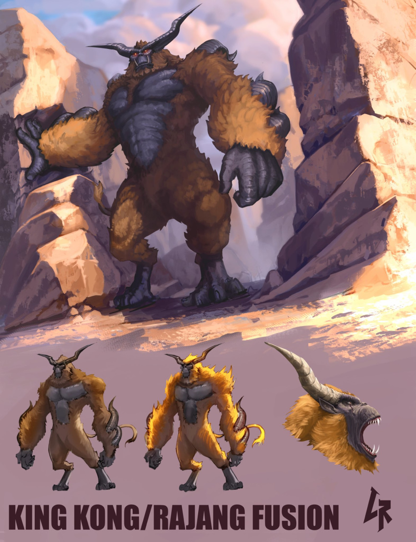 animal ape blonde_hair charge_blade chipyray claws commentary crossover electricity english_commentary enraged_rajang fangs fur fusion giant glowing gorilla highres horns insect_glaive jaw kaijuu king_kong king_kong_(character) kong:_skull_island looking_at_viewer male_focus monkey monster monster_hunter monster_hunter:_world muscle no_humans open_mouth oversized_animal rajang red_eyes sharp_teeth sky spiked_helmet standing tail teeth