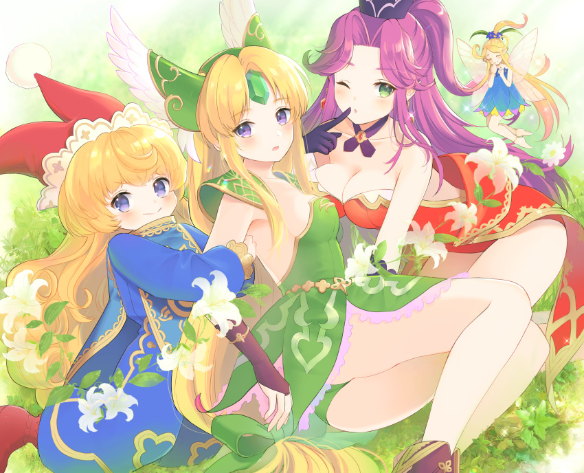 4girls angela_(seiken_densetsu_3) arm_holding bare_arms bare_shoulders barefoot blonde_hair blue_eyes breasts charlotte_(seiken_densetsu_3) cleavage closed_eyes curly_hair dress eyebrows_visible_through_hair faerie_(seiken_densetsu_3) fairy fairy_wings feathers finger_to_mouth flower forehead_jewel frilled_skirt frills gold_trim grass green_eyes hair_feathers hair_flower hair_intakes hair_ornament highres kkokko leotard long_hair looking_at_viewer medium_breasts multiple_girls one_eye_closed open_mouth panties pantyshot ponytail purple_eyes purple_hair riesz seiken_densetsu seiken_densetsu_3 shoulder_plates sidelocks skirt smile strapless strapless_dress strapless_leotard underwear very_long_hair wings