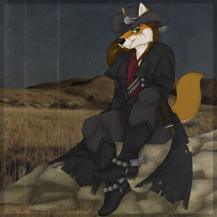 1:1 absurd_res anthro bundadingy canid canine canis clothing cowboy dingo goth hat headgear headwear hi_res humanoid male mammal prairie solo spooky_(disambiguation) thehuntingwolf western