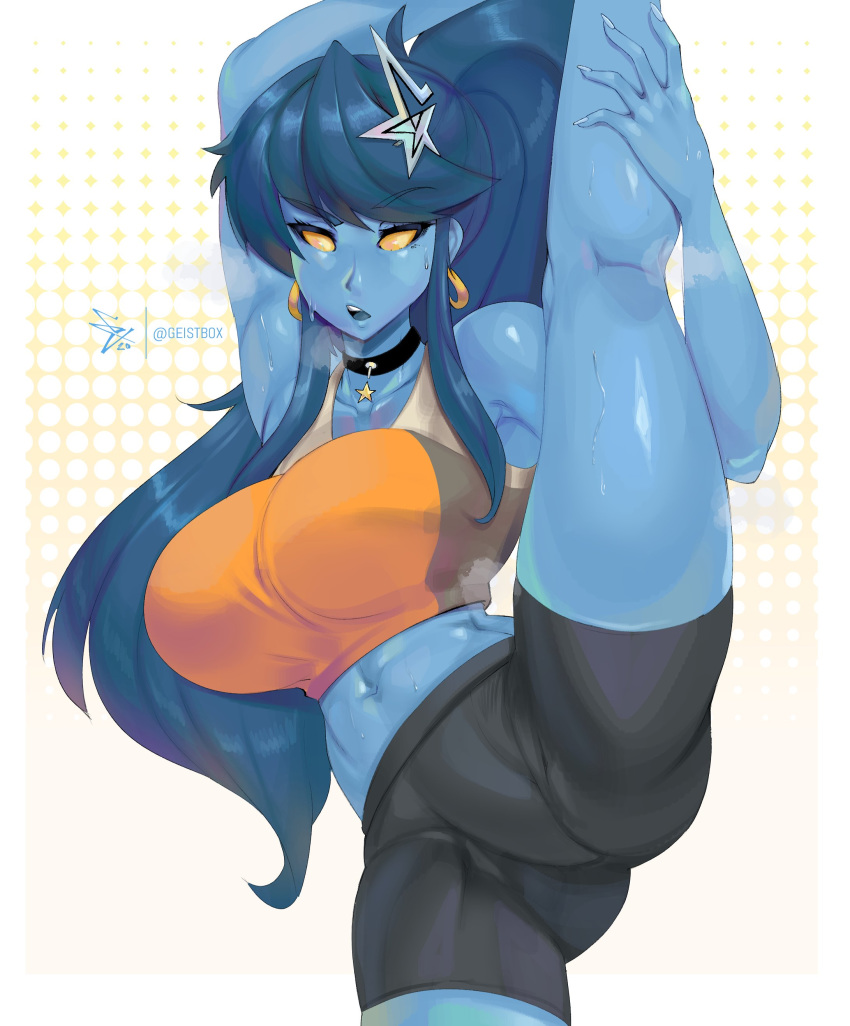 1girl :o absurdres ass ass_visible_through_thighs blue_hair blue_skin breasts earrings geistbox hair_ornament heavy_breathing highres jewelry large_breasts long_hair navel original pandy_(geistbox) split standing standing_on_one_leg standing_split star_(symbol) star_hair_ornament steam sweat sweatdrop thighs tied_hair toned twitter_username white_background yellow_eyes