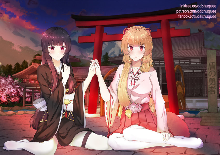 2girls animal_ears black_hair black_kimono blush brick_floor bridge closed_mouth daishuquee glass_(tate_no_yuusha_no_nariagari) holding_hands japanese_clothes kimono long_hair mountainous_horizon multiple_girls raccoon_ears raphtalia sitting smile tate_no_yuusha_no_nariagari thigh_strap very_long_hair