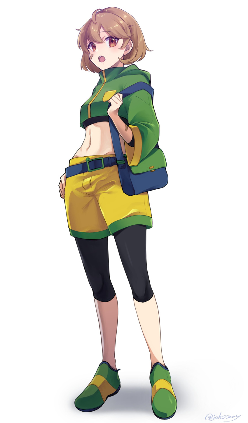 1girl absurdres ahoge alternate_costume bag bandaid bandaid_on_face bike_shorts bike_shorts_under_shorts black_shorts brown_eyes brown_hair casual commentary_request cropped_jacket green_footwear green_jacket highres jacket johssnny kantai_collection looking_at_viewer midriff oboro_(kantai_collection) short_hair shorts simple_background solo white_background yellow_shorts